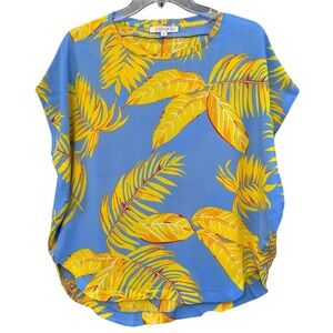 Joy Joy Tropical Palm Dolman Blouse | Women’s Small | Blue & Yellow